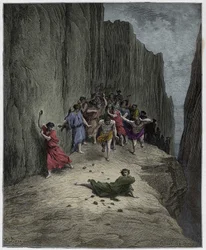 Purgatorio, Canto 15: Dantes visjon om steiningen av Stephen (sankt Etienne), illustrasjon fra The Divine Comedy av Dante Alighieri, 1885 (digitalt farget gravering)